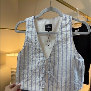 Zara Light Blue & White Striped Tie-Front Crop Top